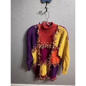 Vintage 90s Y2K Spree International Knit Fringe color-block Sweater Size Medium